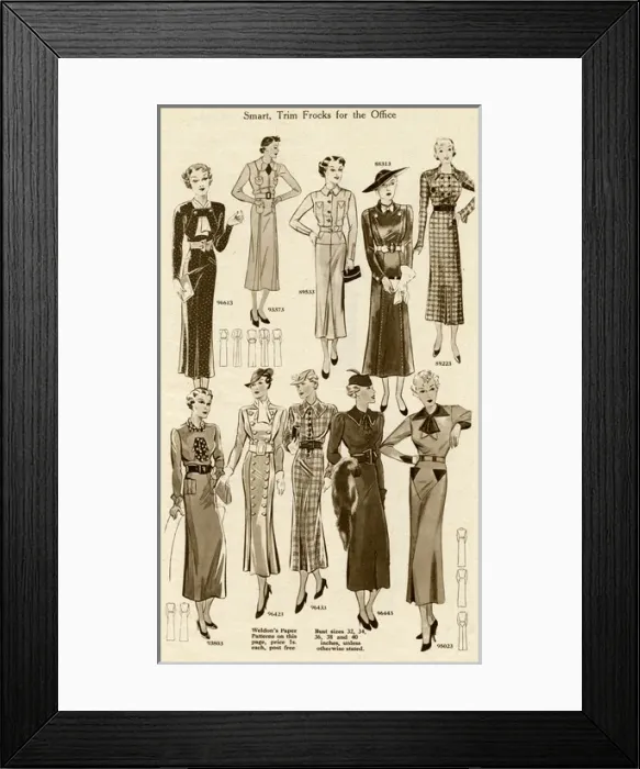 Framed Print : Smart belted frocks for the office 1936 Framed Print : Smart belted frocks for the office 1936