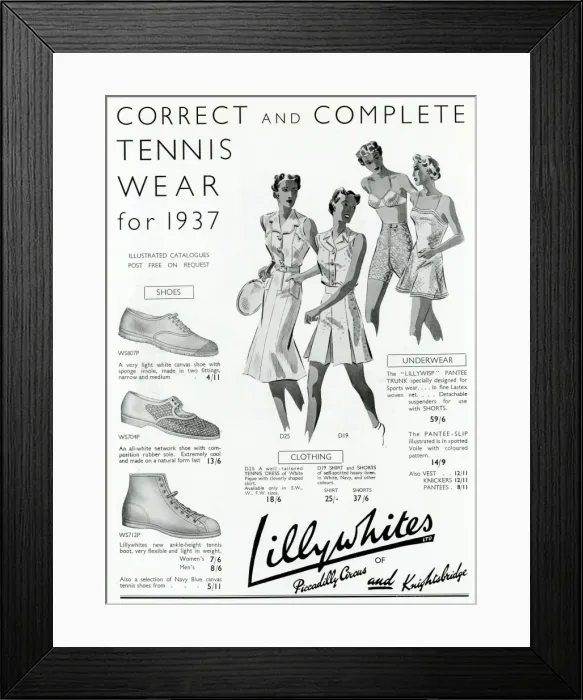 Framed Print : Advert for Lillywhites tennis clothing 1937 Framed Print : Advert for Lillywhites tennis clothing 1937