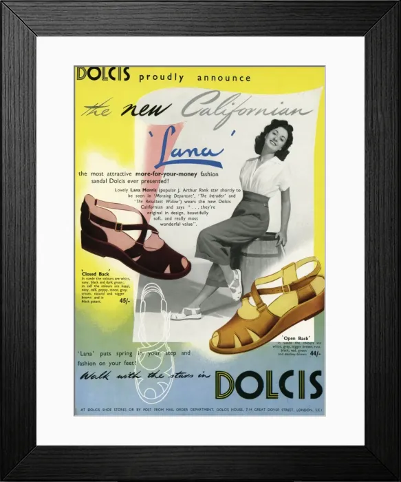 Framed Print : Advert for Dolcis peep toe sandals 1950 Framed Print : Advert for Dolcis peep toe sandals 1950