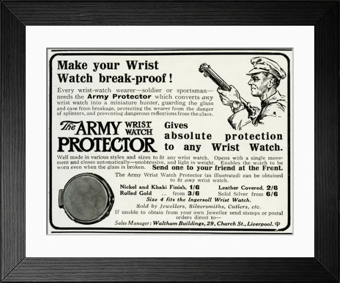 Framed Print : Advert for the Army wrist watch protector 1916 Framed Print : Advert for the Army wrist watch protector 1916