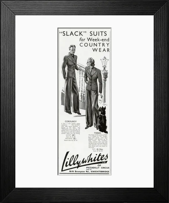 Framed Print : Advert for Lillywhites women in trousers 1938 Framed Print : Advert for Lillywhites women in trousers 1938