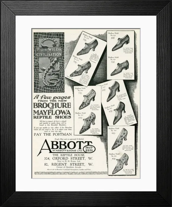 Framed Print : Advert for Mayflowa reptile women shoes 1926 Framed Print : Advert for Mayflowa reptile women shoes 1926