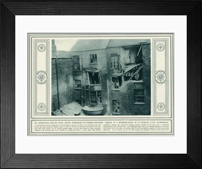 Framed Print : English coast resort bombarded by German war-ship Framed Print : English coast resort bombarded by German war-ship