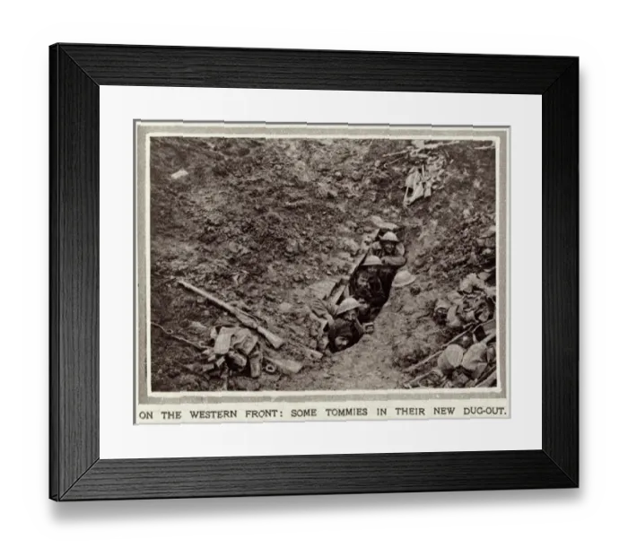 Framed Print : British soldiers in captured dugout, France, WW1