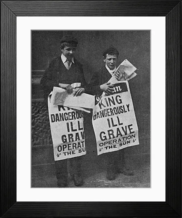 Framed Print : Newspaper boys holding posters announcing King Edward VII s Framed Print : Newspaper boys holding posters announcing King Edward VII s