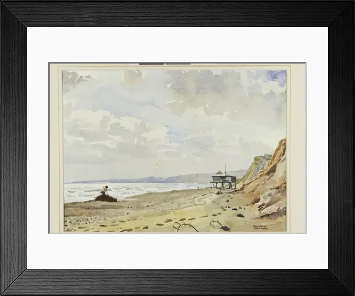 Framed Print : Watercolour scene with beach and observation post Framed Print : Watercolour scene with beach and observation post
