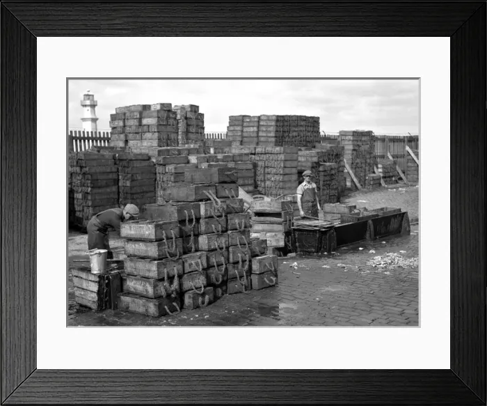 Framed Print : Men with crates of fish on quayside Framed Print : Men with crates of fish on quayside