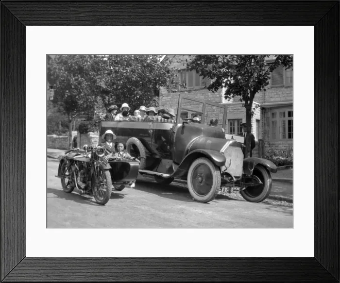 Framed Print : People in charabanc and motorcycle sidecar Framed Print : People in charabanc and motorcycle sidecar