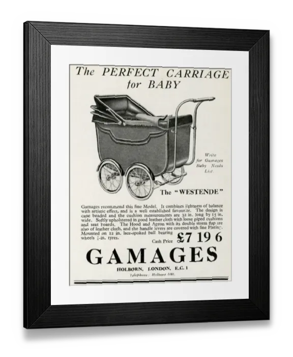 Framed Print : Advert for Gamages baby carriage 1930 Framed Print : Advert for Gamages baby carriage 1930