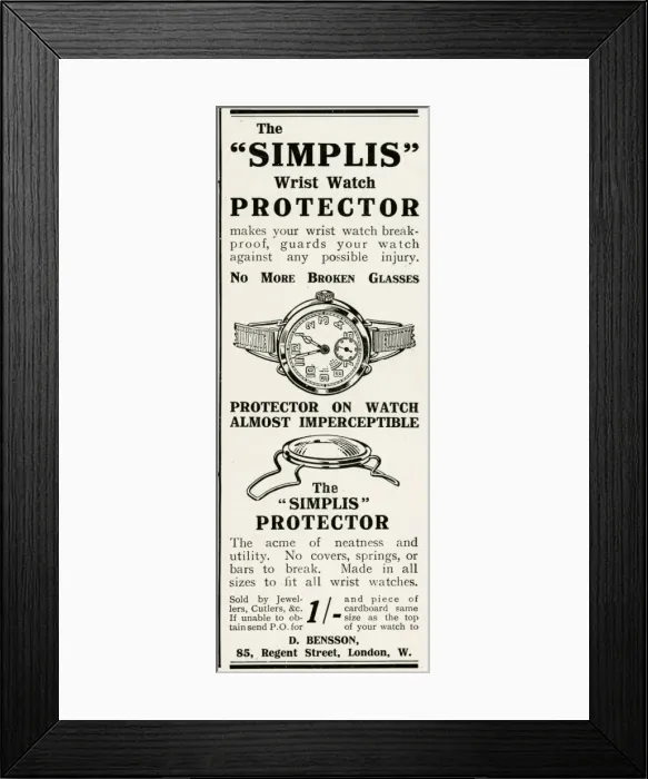 Framed Print : Advert for D. Bensson wrist watch protector 1916 Framed Print : Advert for D. Bensson wrist watch protector 1916