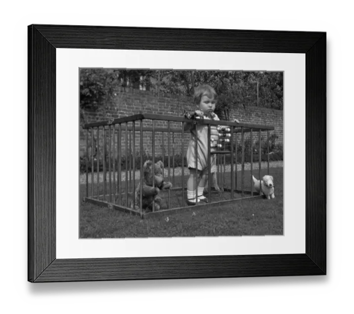 Framed Print : Child in a playpen in a garden Framed Print : Child in a playpen in a garden