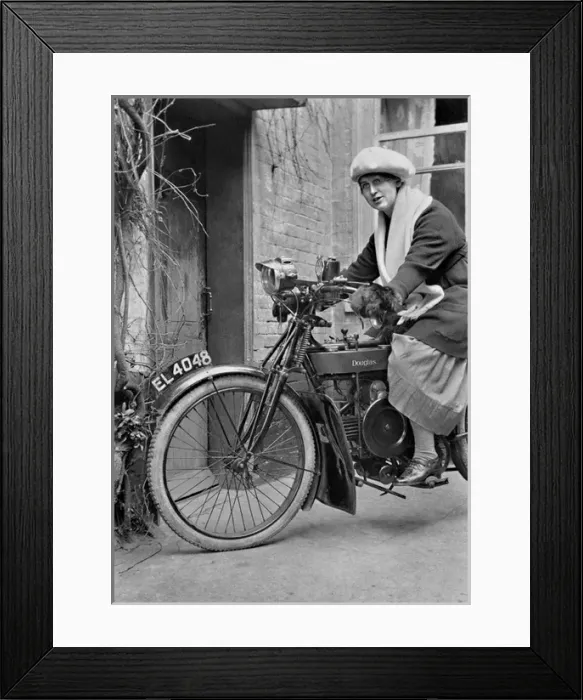 Framed Print : Woman on a Douglas motorbike Framed Print : Woman on a Douglas motorbike