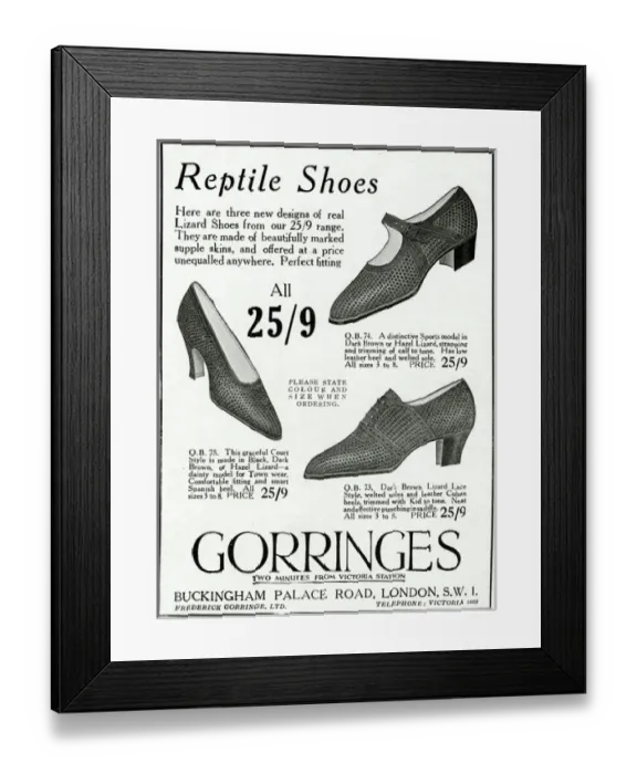 Framed Print : Advert for Gorringes reptile shoes Framed Print : Advert for Gorringes reptile shoes