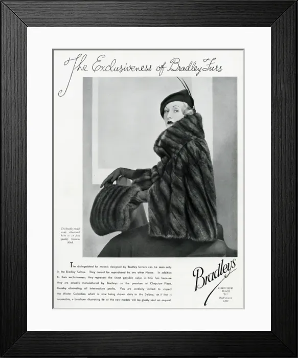 Framed Print : Advert for Bradleys quality mink 1934 Framed Print : Advert for Bradleys quality mink 1934
