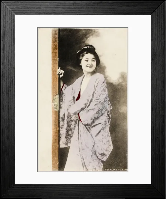 Framed Print : Geisha smiling on way to the bath Framed Print : Geisha smiling on way to the bath
