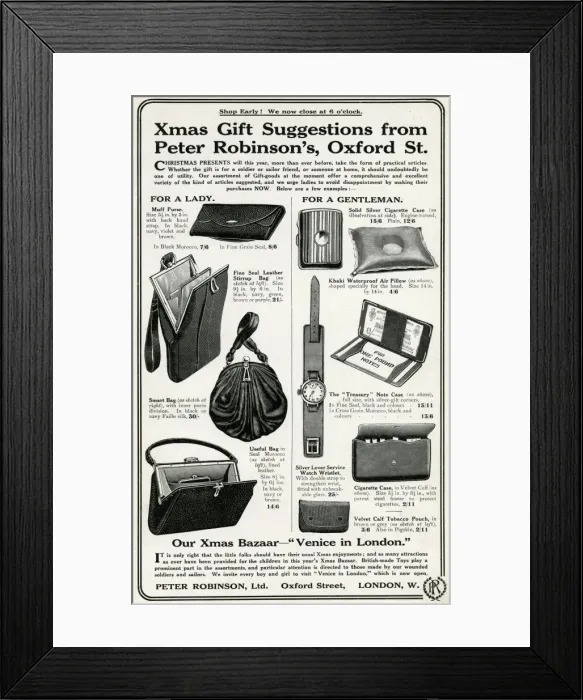 Framed Print : Advert for Peter Robinsons men & women accessories 1915 Framed Print : Advert for Peter Robinsons men & women accessories 1915