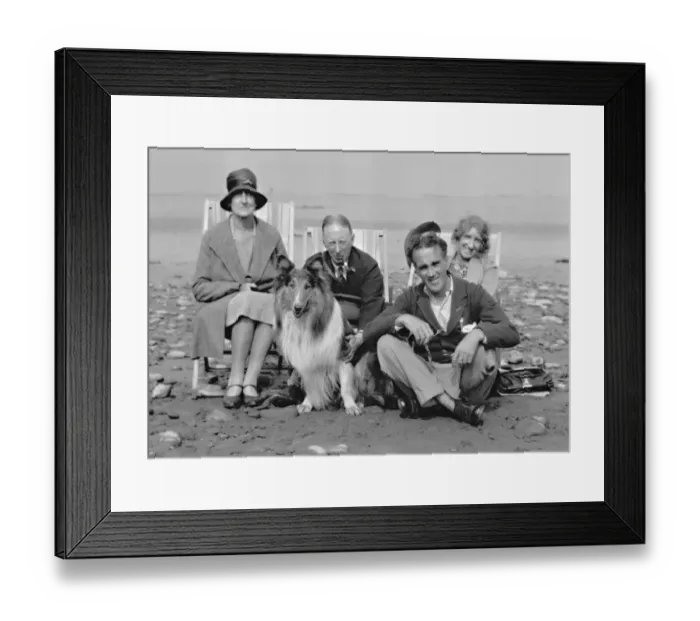 Framed Print : Four people on beach with collie dog Framed Print : Four people on beach with collie dog