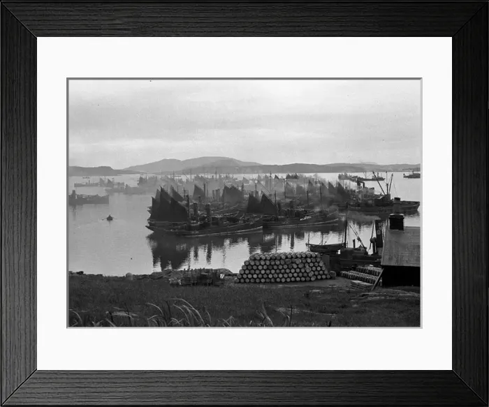 Framed Print : Harbour scene with boats and barrels, Scotland Framed Print : Harbour scene with boats and barrels, Scotland