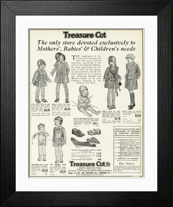 Framed Print : Advert for Treasure cot: Mother babies & childs wear 1930 Framed Print : Advert for Treasure cot: Mother babies & childs wear 1930