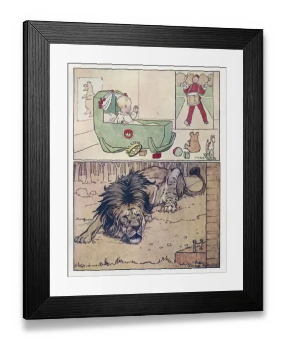 Framed Print : Nursery Rhymes -- baby and drummer, lion Framed Print : Nursery Rhymes -- baby and drummer, lion