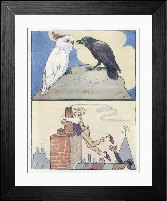 Framed Print : Nursery Rhymes -- two birds, man and chimney Framed Print : Nursery Rhymes -- two birds, man and chimney