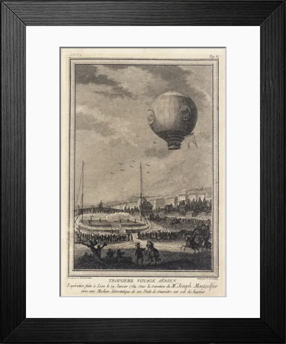 Framed Print : Montgolfier balloon in flight over Lyons, France Framed Print : Montgolfier balloon in flight over Lyons, France