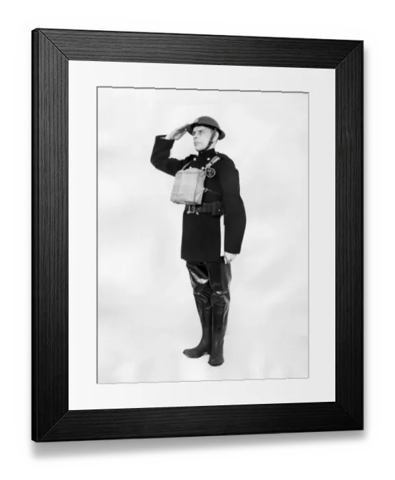 Framed Print : Firefighter in protective fire gear, WW2 Framed Print : Firefighter in protective fire gear, WW2