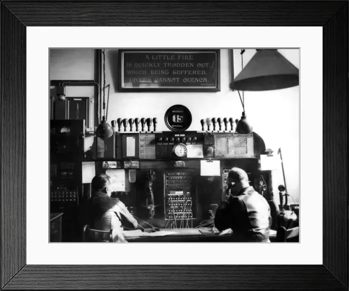 Framed Print : Men working at watchroom telephone switchboard Framed Print : Men working at watchroom telephone switchboard