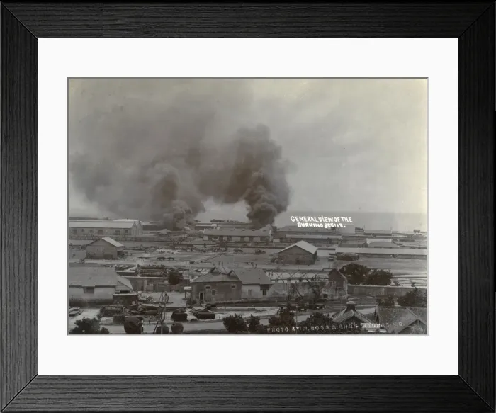 Framed Print : Smoke from shelled fuel tanks in Madras Framed Print : Smoke from shelled fuel tanks in Madras