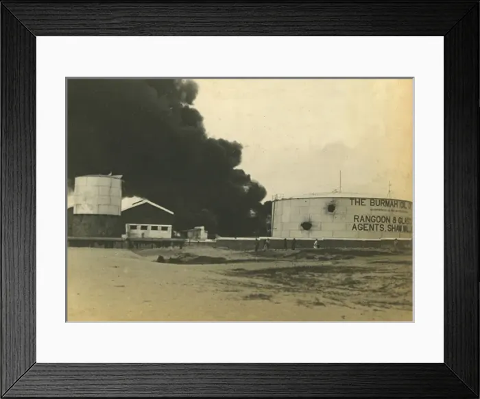 Framed Print : Madras fuel tanks on fire, WWI