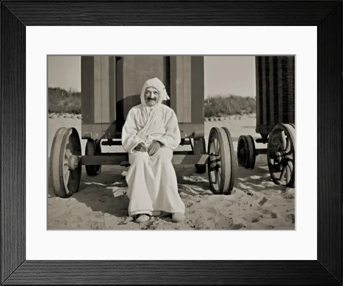 Framed Print : Man in bath robe outside bathing hut Framed Print : Man in bath robe outside bathing hut