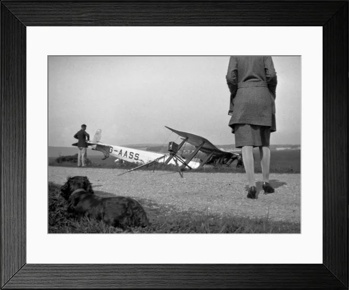 Framed Print : People and dog with crashed biplane Framed Print : People and dog with crashed biplane