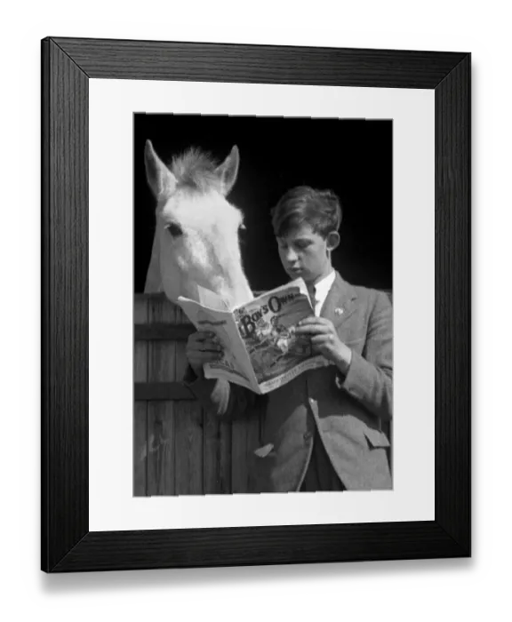 Framed Print : Horse reading over boys shoulder Framed Print : Horse reading over boys shoulder