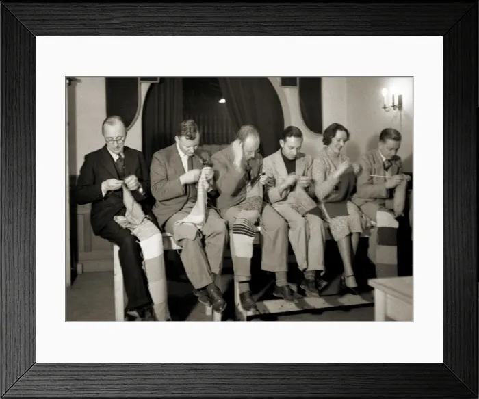 Framed Print : Six people knitting scarves Framed Print : Six people knitting scarves