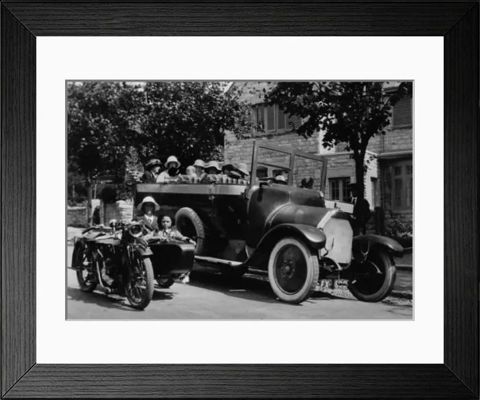 Framed Print : People in charabanc and motorcycle sidecar Framed Print : People in charabanc and motorcycle sidecar