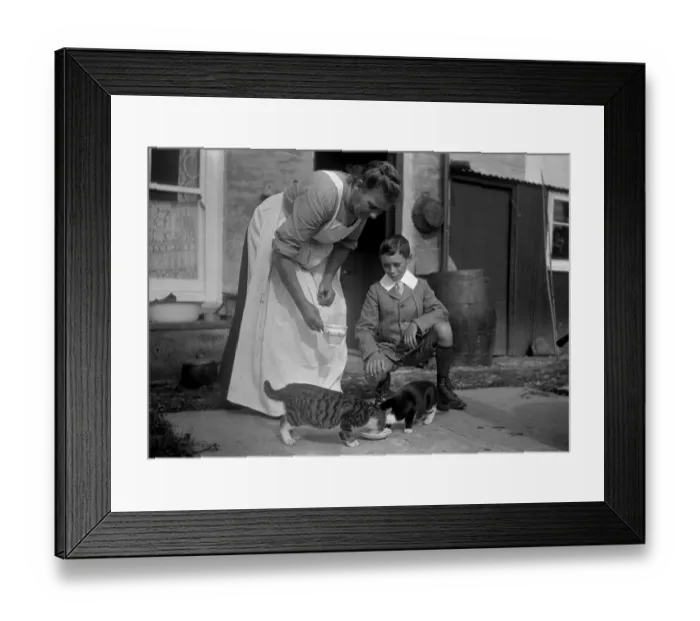 Framed Print : Woman and boy with two cats Framed Print : Woman and boy with two cats