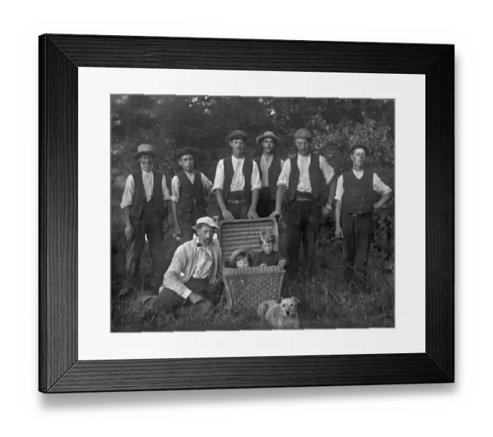 Framed Print : Seven men, two children in a basket, and a dog Framed Print : Seven men, two children in a basket, and a dog