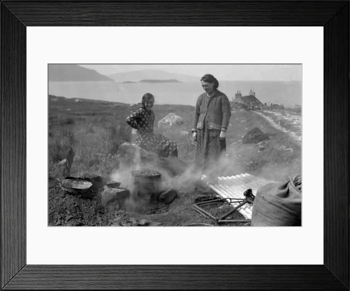 Framed Print : Two women with smoking brazier, Isle of Harris, Scotland Framed Print : Two women with smoking brazier, Isle of Harris, Scotland