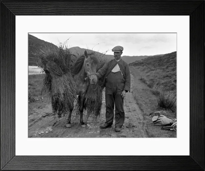 Framed Print : Man with pony on country lane, Scotland Framed Print : Man with pony on country lane, Scotland