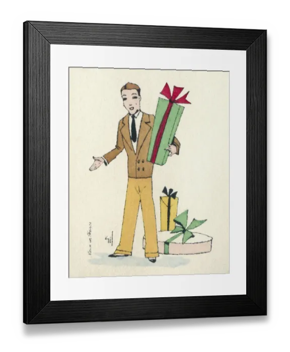 Framed Print : Business card design, man with presents Framed Print : Business card design, man with presents