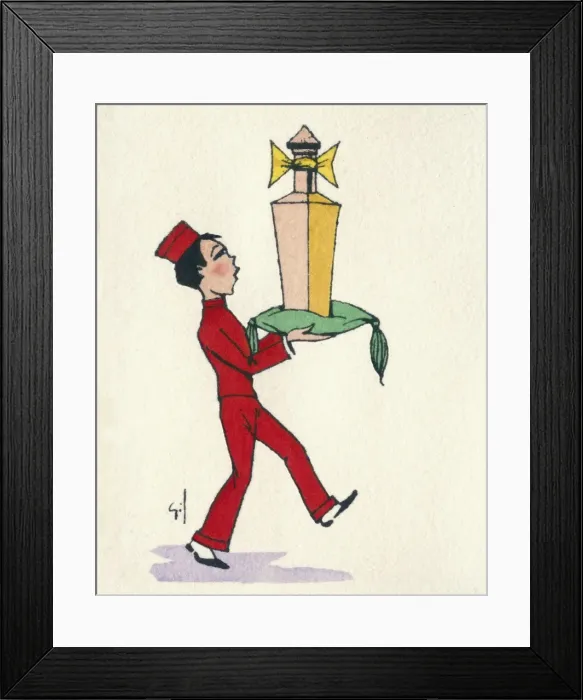 Framed Print : Business card design, bell boy with perfume bottle Framed Print : Business card design, bell boy with perfume bottle