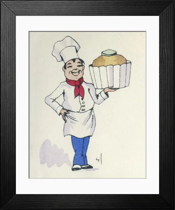 Framed Print : Business card design, chef with large cake Framed Print : Business card design, chef with large cake