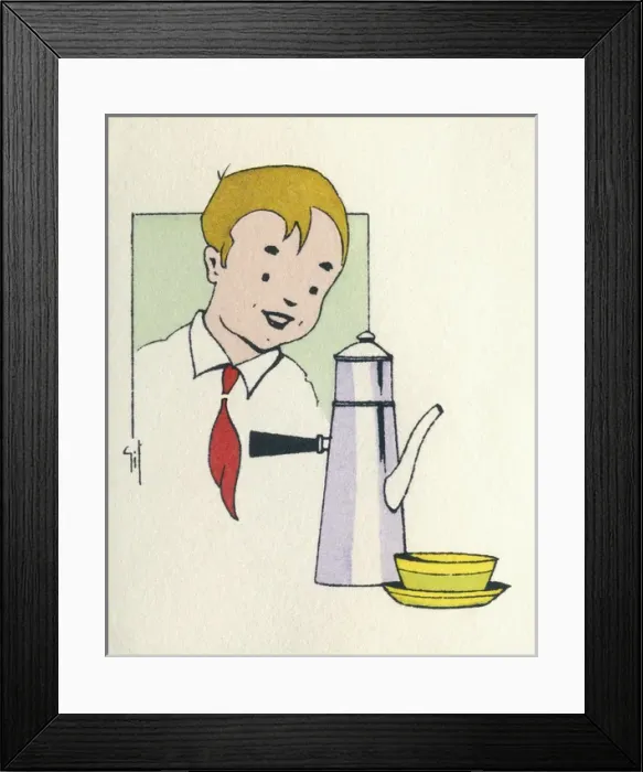 Framed Print : Business card design, boy with coffee pot Framed Print : Business card design, boy with coffee pot