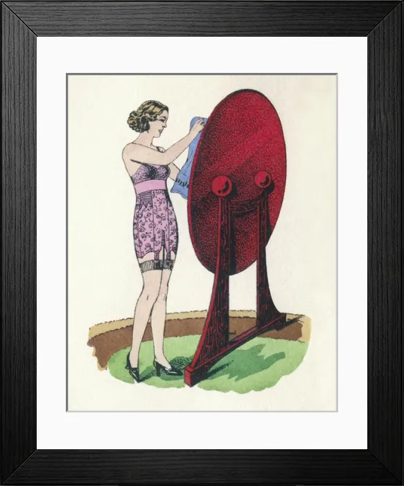 Framed Print : Business card design, woman in corset and stockings Framed Print : Business card design, woman in corset and stockings