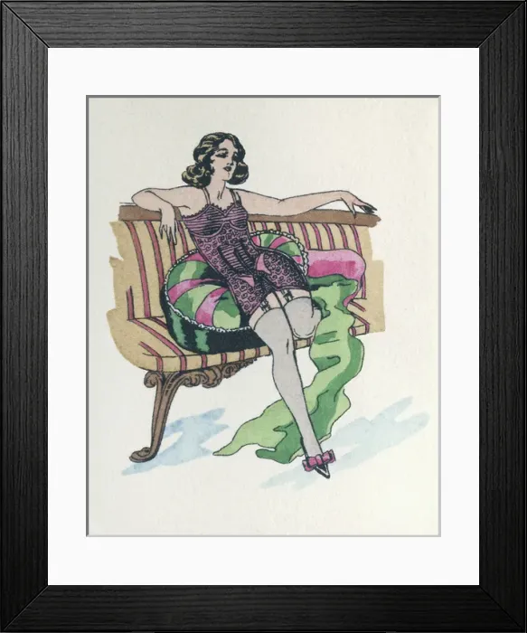 Framed Print : Business card design, woman in corset on sofa Framed Print : Business card design, woman in corset on sofa