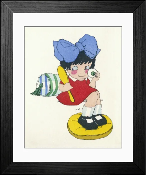 Framed Print : Business card design, cute girl with powder puff Framed Print : Business card design, cute girl with powder puff
