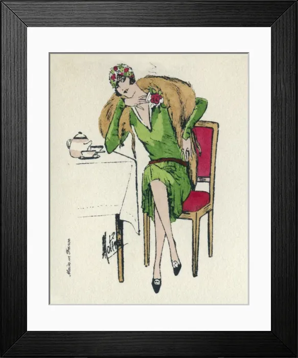 Framed Print : Business card design, woman taking tea Framed Print : Business card design, woman taking tea