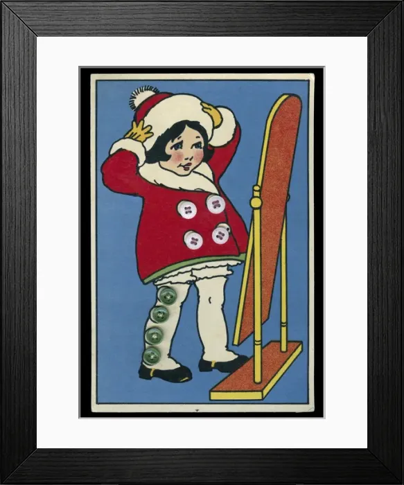 Framed Print : Button card with little girl and mirror Framed Print : Button card with little girl and mirror