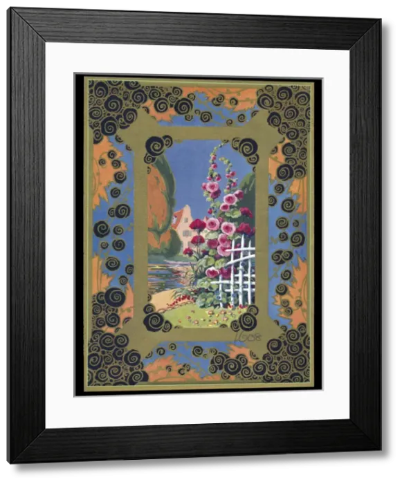 Framed Print : Chocolate box design, garden scene with hollyhocks Framed Print : Chocolate box design, garden scene with hollyhocks