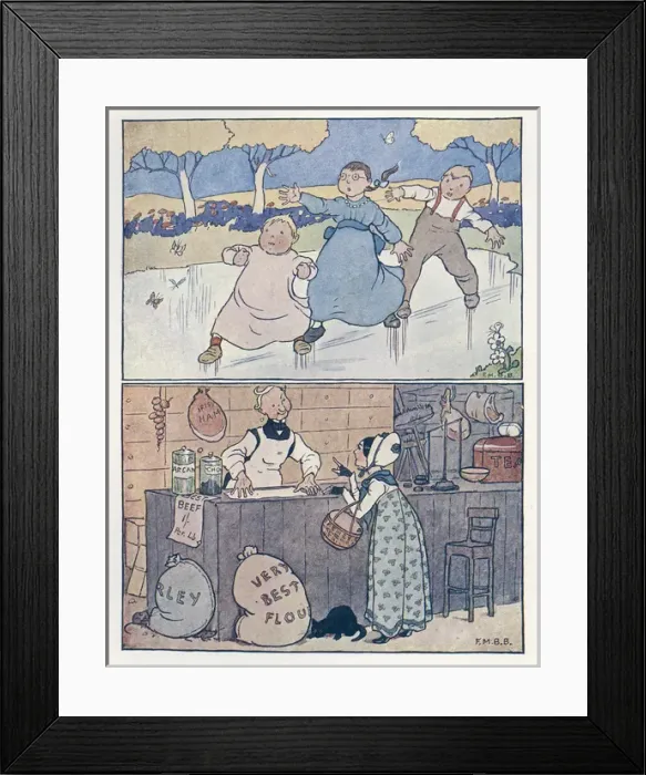 Framed Print : Nursery Rhymes -- children on ice, lady at grocer s Framed Print : Nursery Rhymes -- children on ice, lady at grocer s